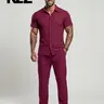 KZZ Men's 2-Piece Maroon Plain Casual Menswear Matching Set - Cool Short-Sleeve Button-Front Fitted Shirt, Drawstring Elastic Waist Pocketed Trousers, Summer Male Clothing, Christmas Gift for Husband, 2XL Sohochic Pant