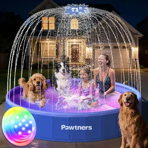Pawtners 71-in Portable Foldable Pet Swimming Pool - No Inflation, Water Spray Feature, RGB LED Lights, Scratch-Resistant, Durable, Safe, Non-Toxic, Quick Drainage, Outdoor Swimming Pool for Dogs, Kittens (Indoor/Outdoor Use)