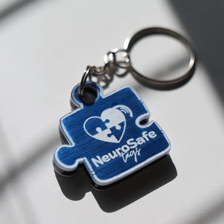CUSTOM NeuroSafe tag Keychain with Chip for Emergency Information Sharing Blue Puzzle Piece Design Autism Mom Dad Caregiver