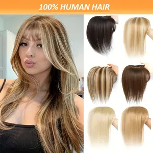 Hot Sell NEW Arrived Real Human Hair Topper Hair Extensions with Bangs - Golden Brown & Bleach Blonde Straight Hair Base Clip-In Hairpiece for Women, Natural Look & Versatile Styling, Hair Styling, Versatile Hairpiece, Secure Clip Attachment