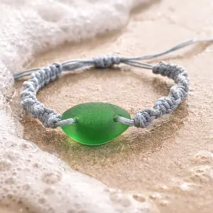 Green Beach Glass Macrame Bracelet, Beaded Coastal Jewelry, Beach gift