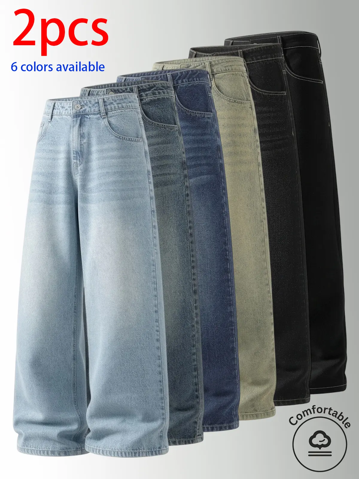2-Pack Men's Vintage Wide-Leg Jeans.  Denim Fabric, Loose Fit, Trendy Retro Street Style, Classic Denim Wear, Men's Casual Straight Leg Jeans, Jeans for Back to School, Stylish Summer Jeans