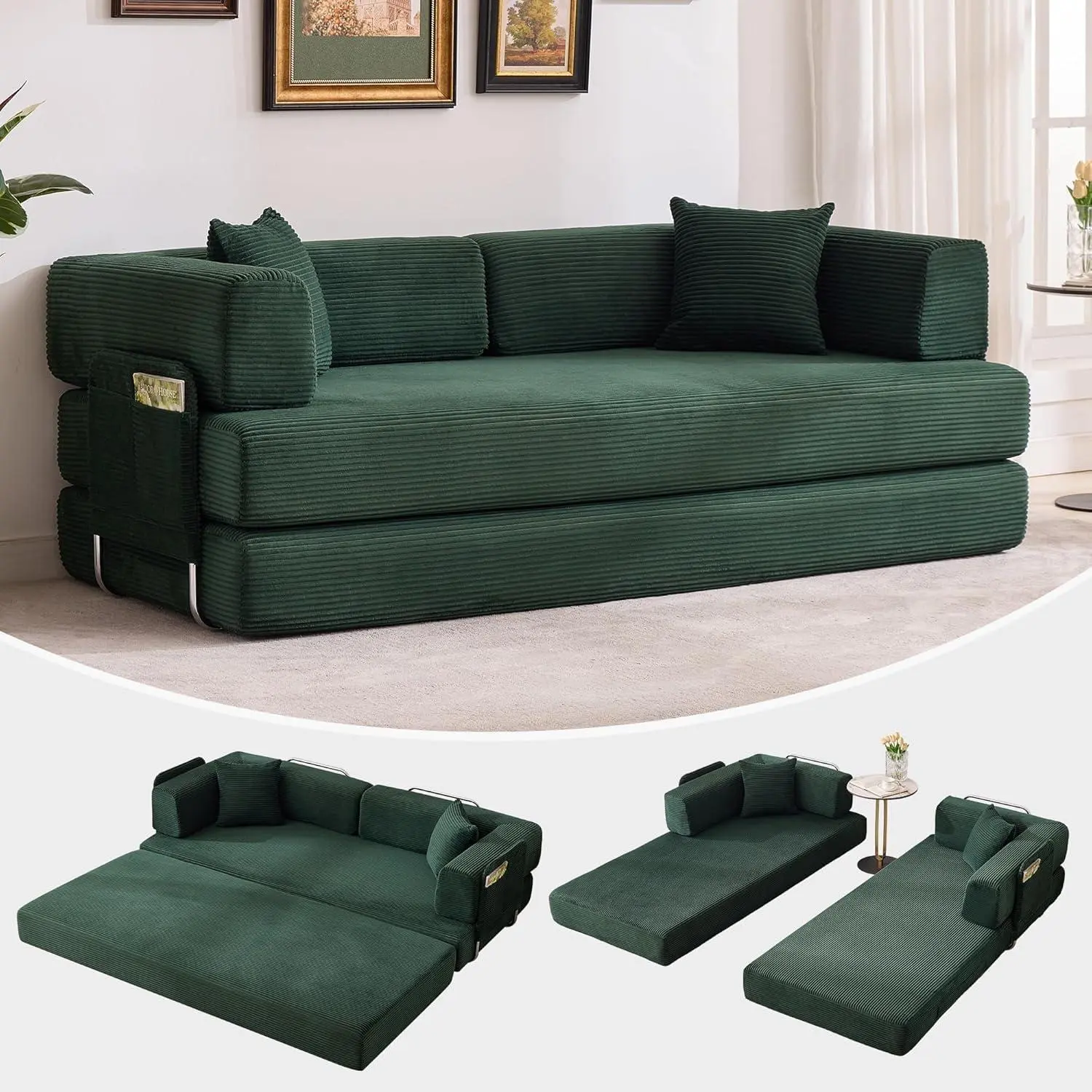 Gaomon Modern Sectional Convertible Futon Sofa - 78.7in Upholstered Plush Corduroy Boneless Cloud Sofa, Adjustable Arms, 2 Included Pillows, No-Assembly Polyurethane Foam Indoor Living Room Furniture