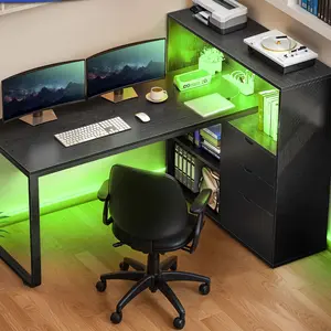 DWVO L Shaped Desk with Drawers, 55" Corner Computer Desk with Bookshelf & Power Outlets & LED Lights, Home Office Desk with Storage Shelves
