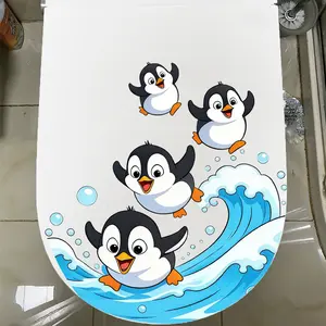 Cute Four Penguins Surfing Toilet Sticker, Home Bathroom Toilet Lid Decorative PVC Self-Adhesive Cartoon Animal Penguin Pattern Gift