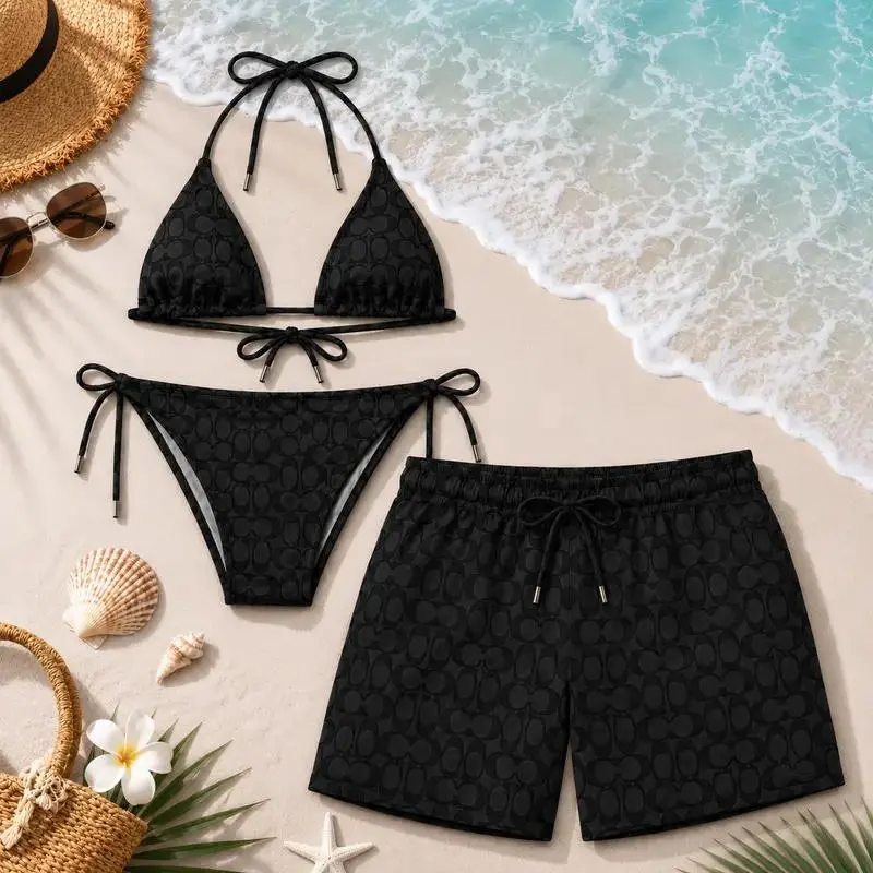 Couple's 2-Piece CO-Black Swimwear Set - Women's Minimalist Letter Print Bikini, Men's Swim Trunks, Modern Beach Vacation Gift (Sports & Outdoor Surfwear)