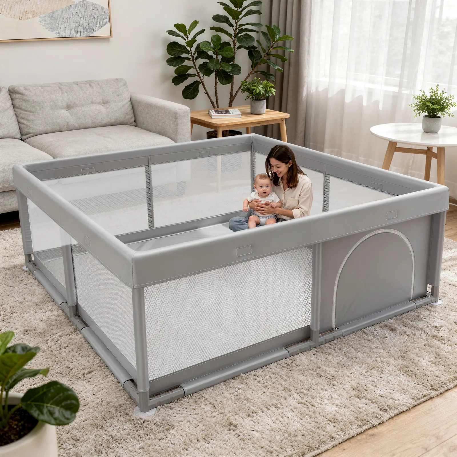Benazcap BPA-Free Baby Playpen with Mat, Safe No-Gaps Sturdy Fence, Indoor/Outdoor Use, Gift for Expectant Mothers, Grey Infant Playpen