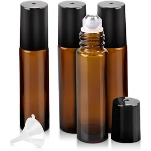 4 Pack Essential Oil Roller Bottles, 10ml Refillable  Glass Roller Bottles with Stainless Steel Roller Balls and Caps for Travel, Perfume and Lip Gloss