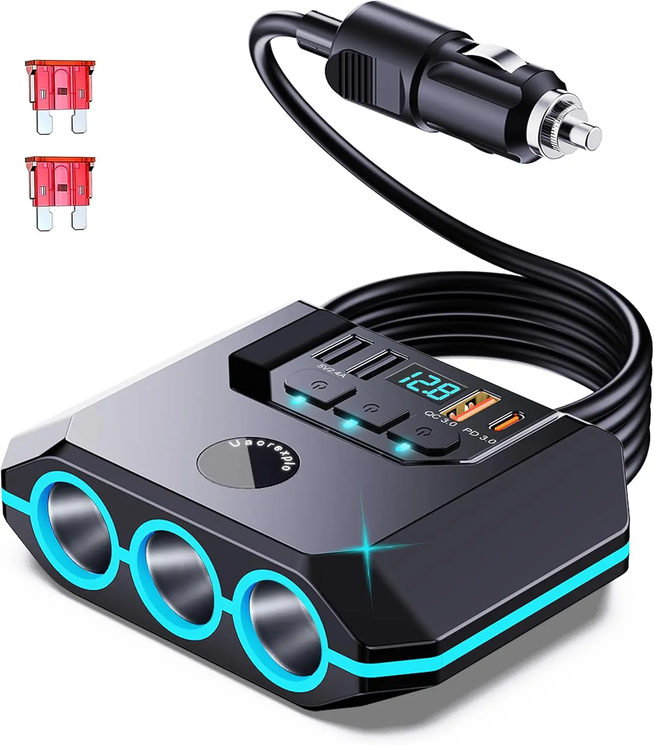 120W QC3.0 & PD Car Cigarette Lighter Adapter Splitter with 3 Sockets, 4 USB Ports (2 Quick Charge), LED Voltmeter, Independent Switches, 30in Cable, Velcro, Smart Control-Chip, 12V-24V Compatibility for Laptops, Pumps