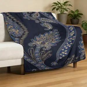 Light Luxury Navy Paisley Flannel Blanket — Vintage Cashew-Patterned Sofa Throw with Gilded Accents