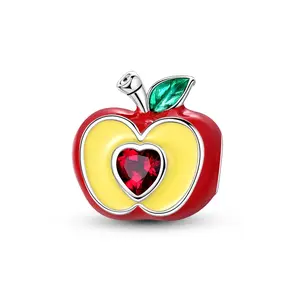 MULA Apple Pendant 925 Silver-plated with Enamel and Red Heart CZ - Cute fruit beads symbolize love and health, compatible with Pandora bracelets and necklaces, great gift for women girls