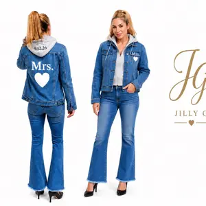 Bride &  Bridal Party Denim Jacket with removable hood for Wedding Weekend or gifts  | Custom Monogram, back has date on hood, name