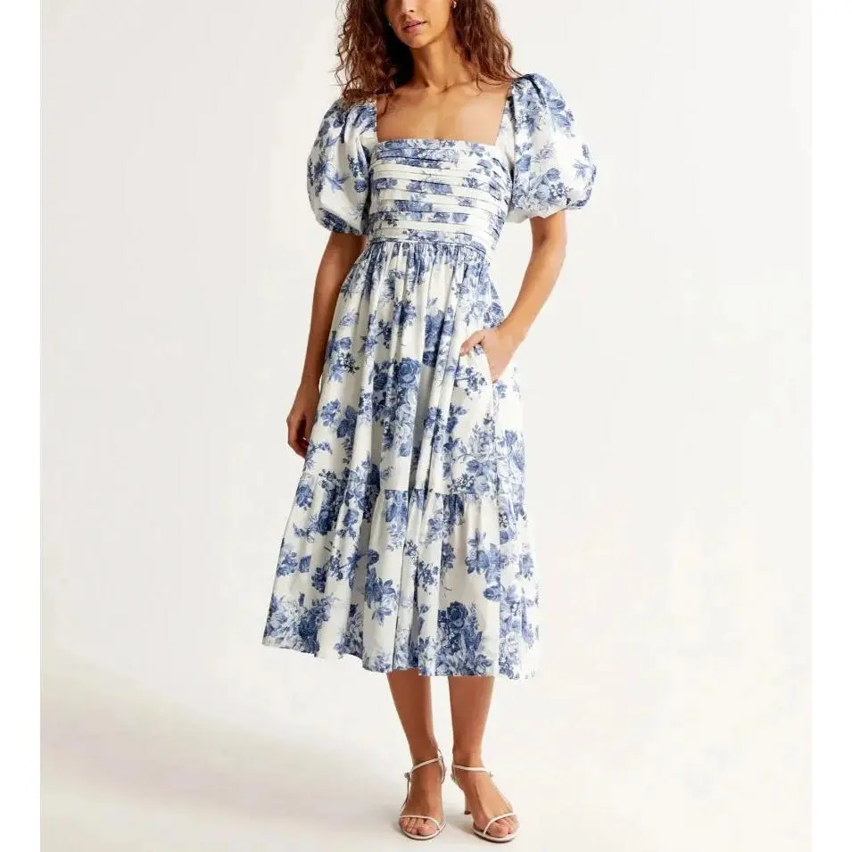 2024 Spring Summer New Solid Women's Long Dresses Casual Short Sleeves Dress Fashion Streetwear Slash Neck Pleated Vestidos