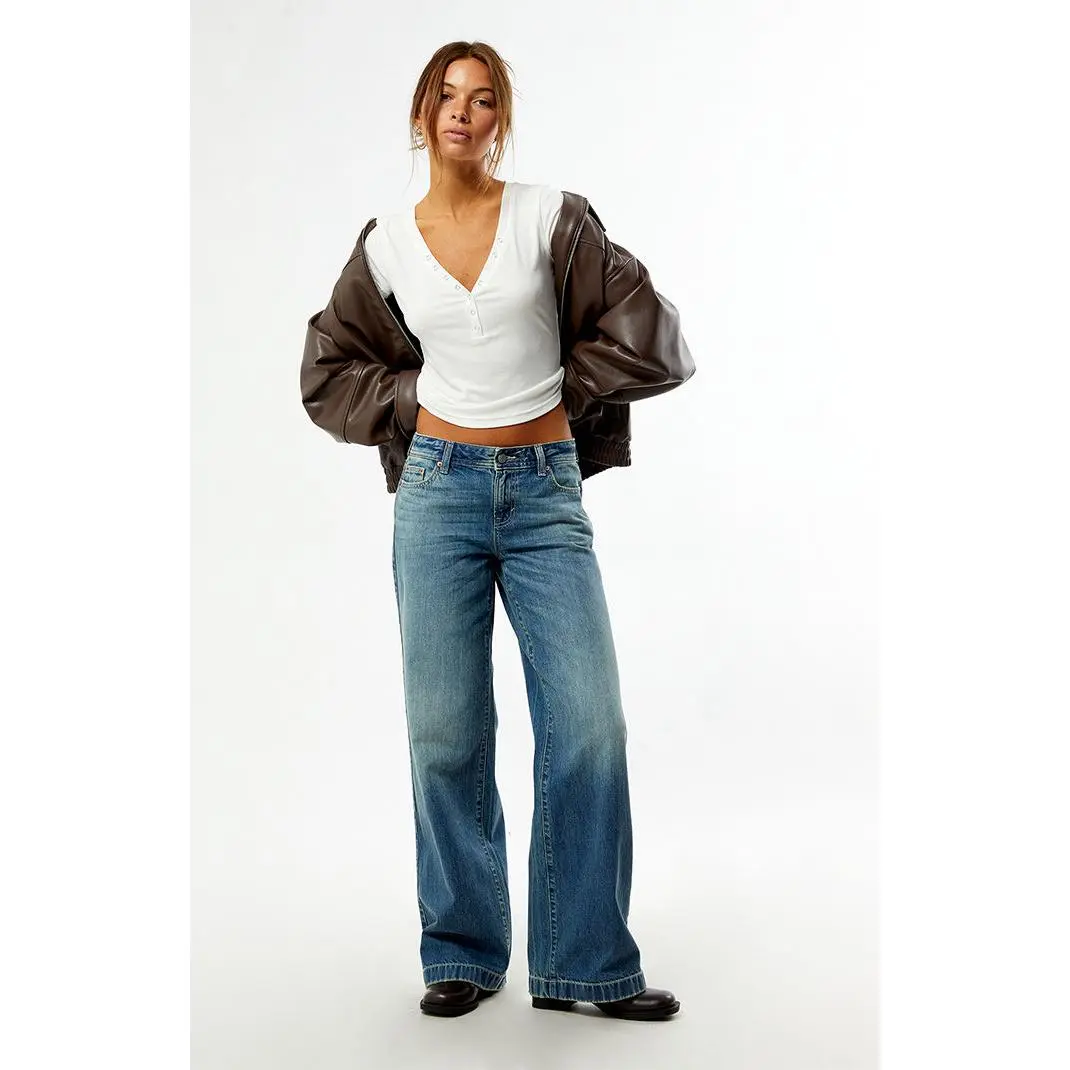 Pacsun Women's Casey Low Rise Baggy Jeans Pocket Studs Medium Blue