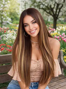 Straight Highlight Wigs for Women, Long Straight Synthetic Blonde Mixed Wigs, Natural Hairline Replacement, 28 Inch Daily Use