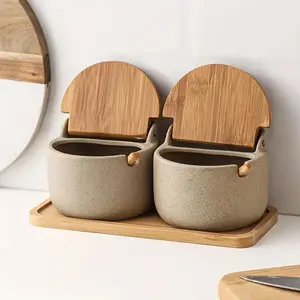Ceramic Seasoning Jar with Bamboo Wood Lid & Spoon, 1 Set Kitchen Storage Jar, Seasoning Container, Kitchen Seasoning Utensils, Kitchen Gadgets, Kitchenware for Home Dining Room Barbecue