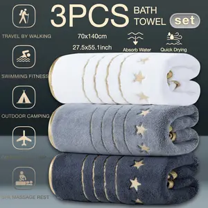 3-Piece Gold Thread Embroidered Bath Towels Set, Travel Towels, Quick-Dry Strong Absorbent Microfiber, Modern Simple Bathroom Accessories