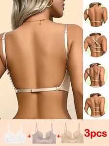 3PCS Ladies Beautiful Back Bra Bridal lingerie Sexy Lace U-shaped Backless Lingerie For Women Ultra-thin Invisible bra Breathability Mesh Bralette Comfortable French Underwear Women's Underwire Bra Leopard Print Stripe Lingerie Holiday Season