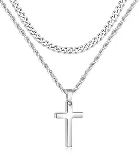 Cross Necklace for Men, Layered Mens Cross Necklaces Stainless Steel Cross Pendant Cuban Link Rope Chain