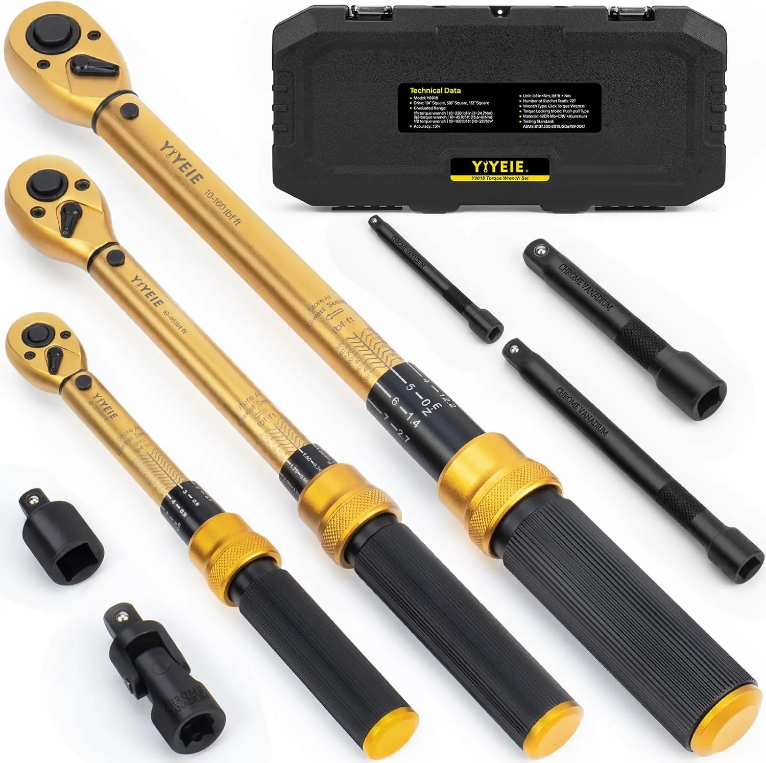 YIYEIE1/4 3/8 1/2-inch Drive Click Torque Wrench, 8Pcs Torque Wrench Set 10-220in.lb, 10-45ft.lb, 10-160ft.lb with Adapters, ±3% Accuracy, 72-Tooth Dual Scale Torque Wrenches for Bike, Moto, Car Repair wrenches torque wrench,father'sdaygifts