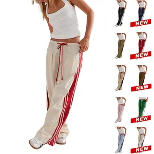 Tanming Womenswear Streetwear Stripe Straight Cut Barrel Leg Parachute Cargo Pants Y2K Elasticated Waistband Soft Wide Leg Pants with Pockets Casual Sweatpants for Hyrox
