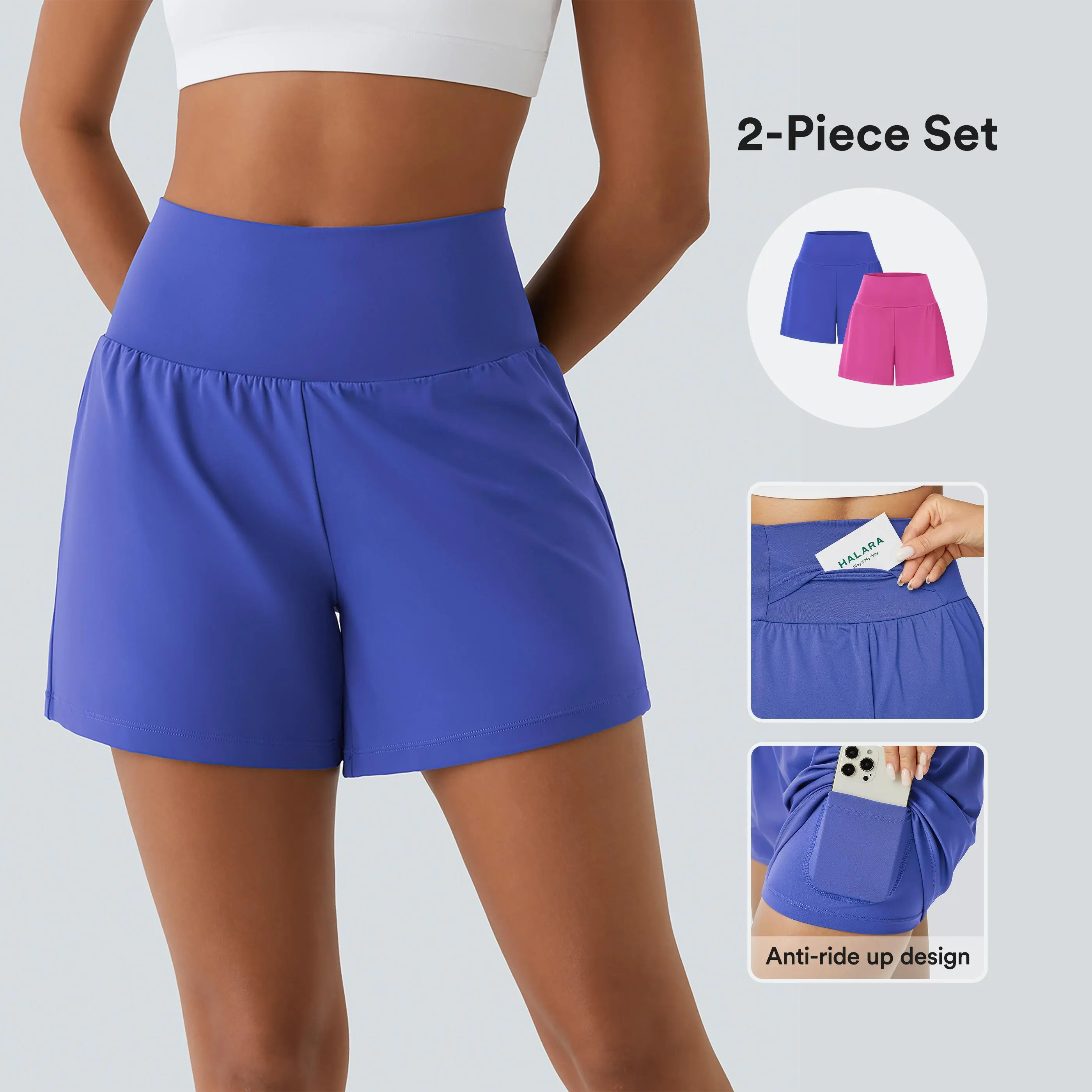 【Creator’s Pick】Halara 2-Piece Super High Waisted Back Pocket & Side Hidden Pocket 2-in-1 Yoga Shorts Set 5''-Longer Length