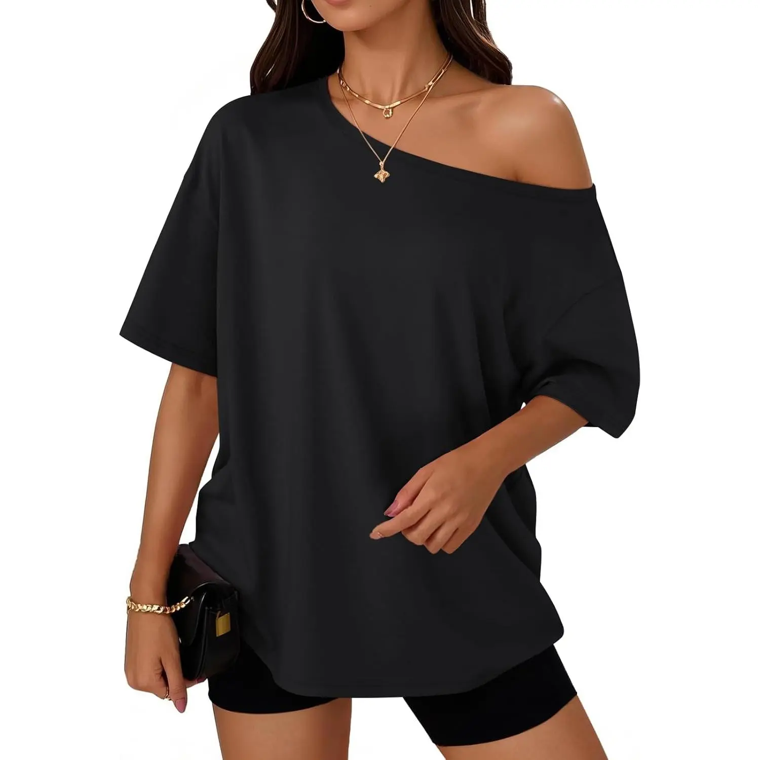 Women's Casual Loose Off-the-Shoulder T-Shirt, Trendy 2026 Summer-Spring Oversized Clothes