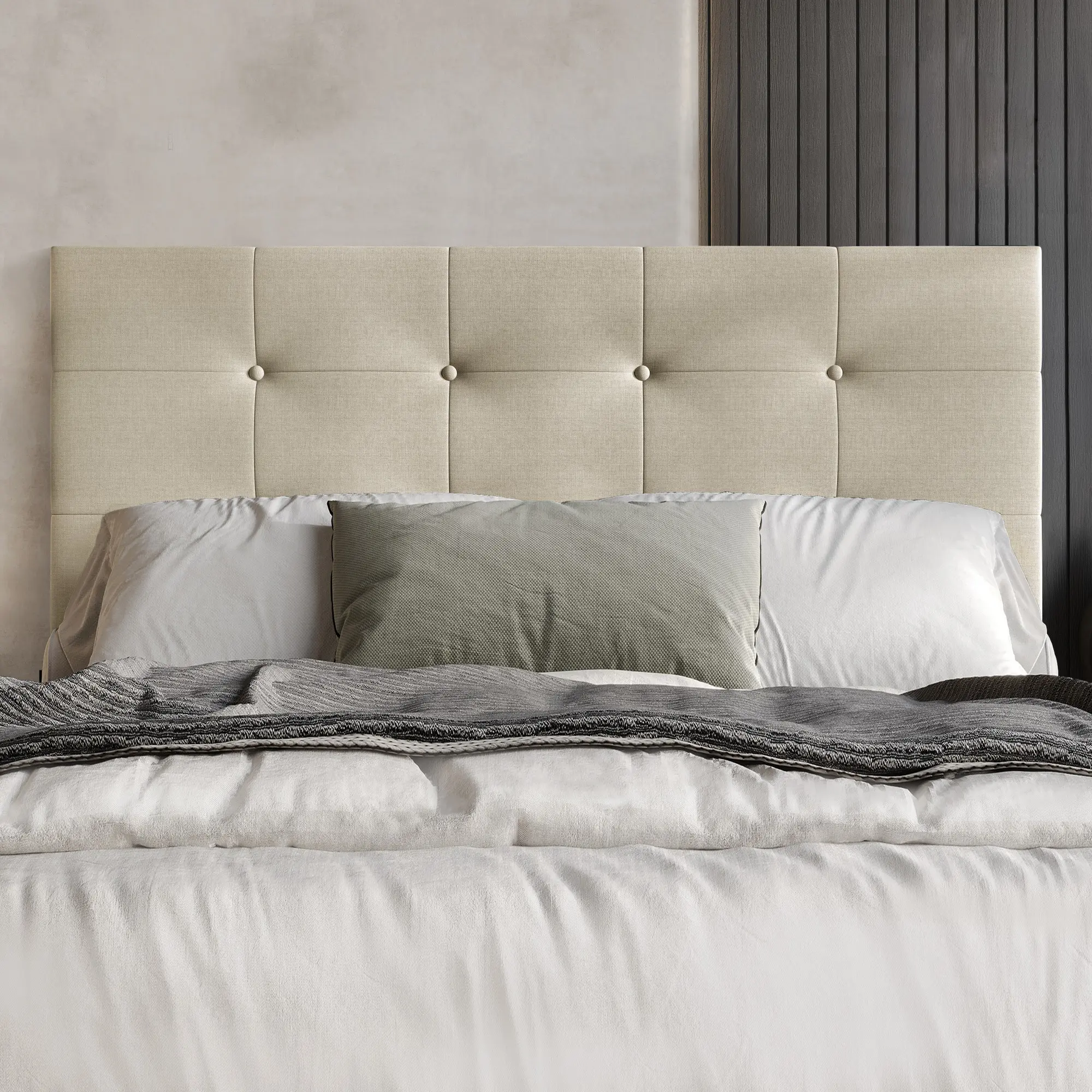 Favorer Dillon Tufted Upholstered Headboard - Classic Modern Full/King Bedroom Furniture with Foam Padding, Adjustable Height, Beige Color, Easy Assembly Required