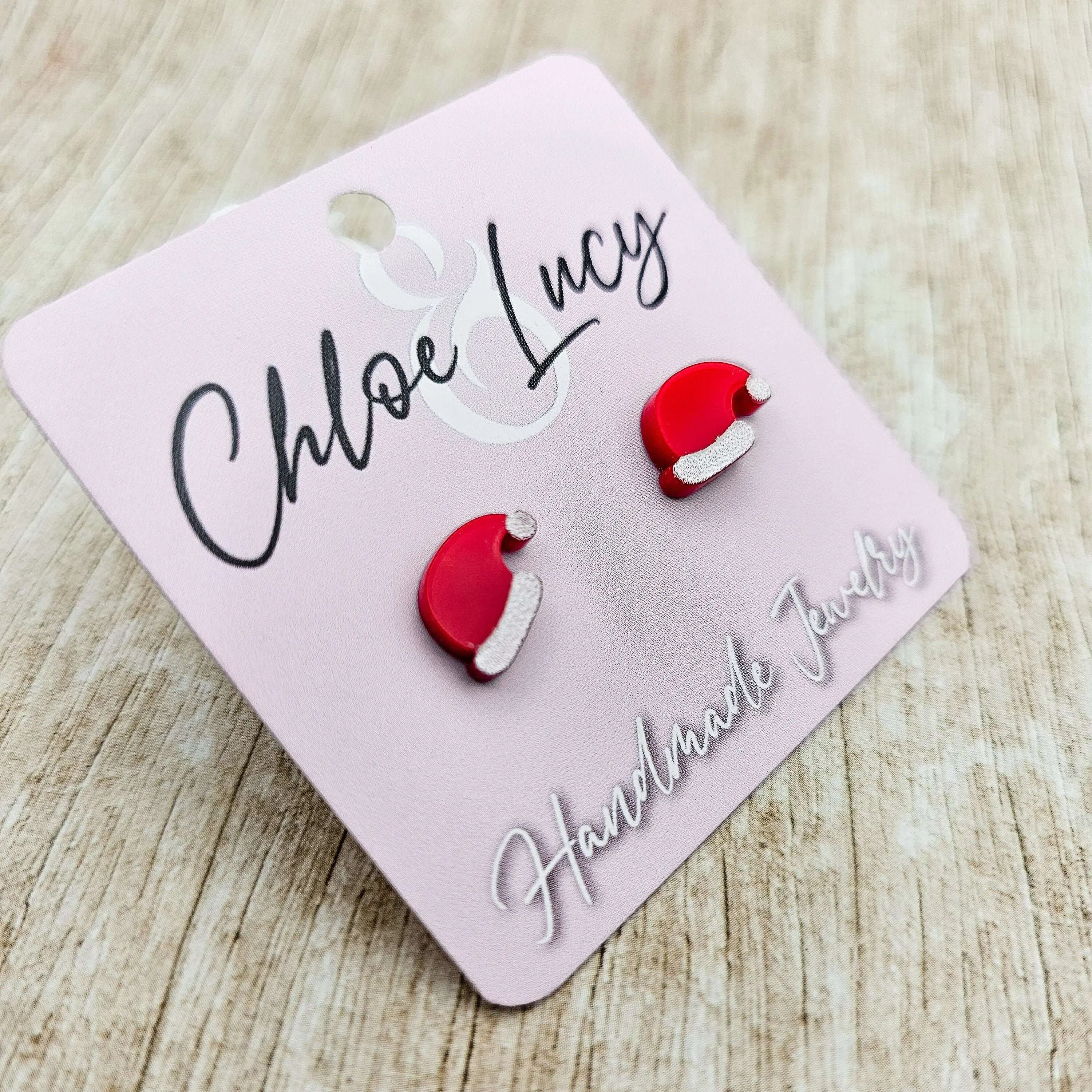 Unisex Small Santa Hat Stud Earrings - 0.125in Thick, 0.4in Wide Acrylic Christmas Costume Jewelry, Holiday Accessories, Gifts (Choking Hazard Small Parts)