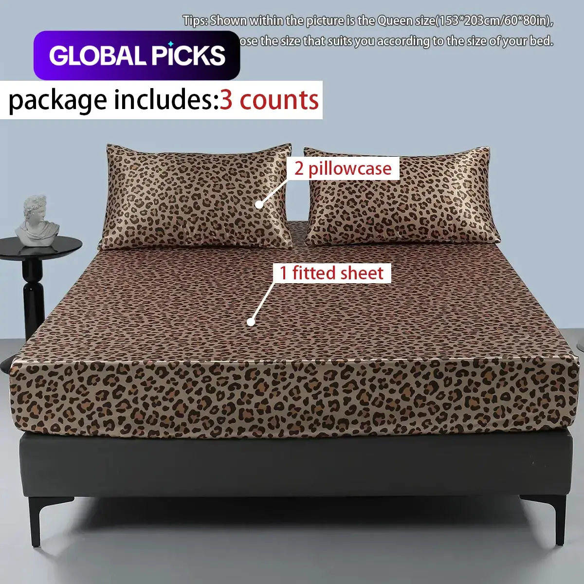 Satin Leopard Print Bedding Set, Leopard Print Sheets, 3 Counts/set Including 1 Soft Comfortable Fitted Sheet & 2 Pillowcases without Filler, Bed Linens for Home, Hotel & Bedroom Decor, Room Accessories, Bedding Supplies #GLOBAL PICKS