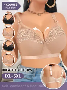 4-Pack Women's Plus Size Bras, Push-Up Design, Lace Full Coverage, Medium Support, Wireless, No Pads, Comfortable Fashion Underwear
