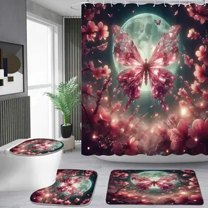 1/4 piece crystal red butterfly moonlight pattern shower curtain set, waterproof shower curtain with 12 hooks, non-slip bathroom carpet, toilet U-shaped cushion, toilet seat cover cushion, bathroom shower curtain set, perfect moving gift.