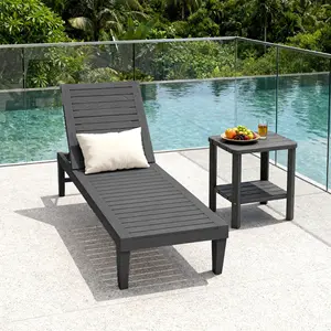 Outdoor Resin Chaise Lounge with 5-Position Adjustable Backrest, Wood-Grain Patio Recliner for Pool & Garden