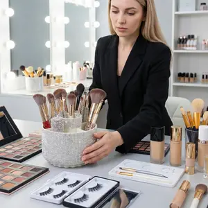 Luxury Rhinestone Makeup Brush Holder Storage Box, 360° Rotating Cosmetic Organizer with Multiple Compartments, Suitable for Women and Girls, Makeup Tool Organizer