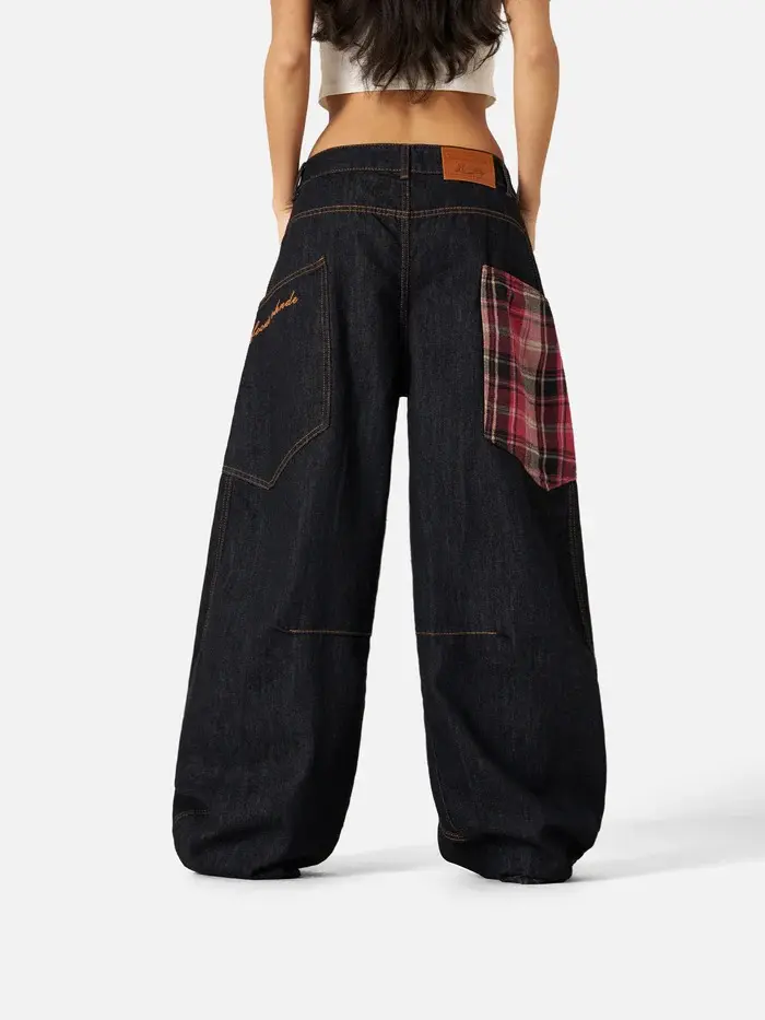 AELFRIC EDEN Men's Preppy Retro Super Baggy Wide Leg Denim Jeans - Unisex Vintage Check Plaid Patchwork Big Pocket Bottom Clothes with Comfortable Fabric Fit, Casual Style Pants, Baggy Pants, Fashion Apparel, Twist, Halloween, Cute