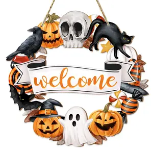 Halloween Themed Hanging Decor, 1 Count Creative Wooden Welcome Sign, Hanging Decor for Home Front Door, Halloween Party Supplies