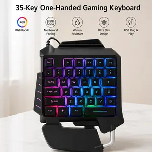 One‑Handed Gaming Keyboard, 35-Key USB Wired Portable Mechanical Gaming Keypad with LED Backlight, Plug and Play,With Mouse