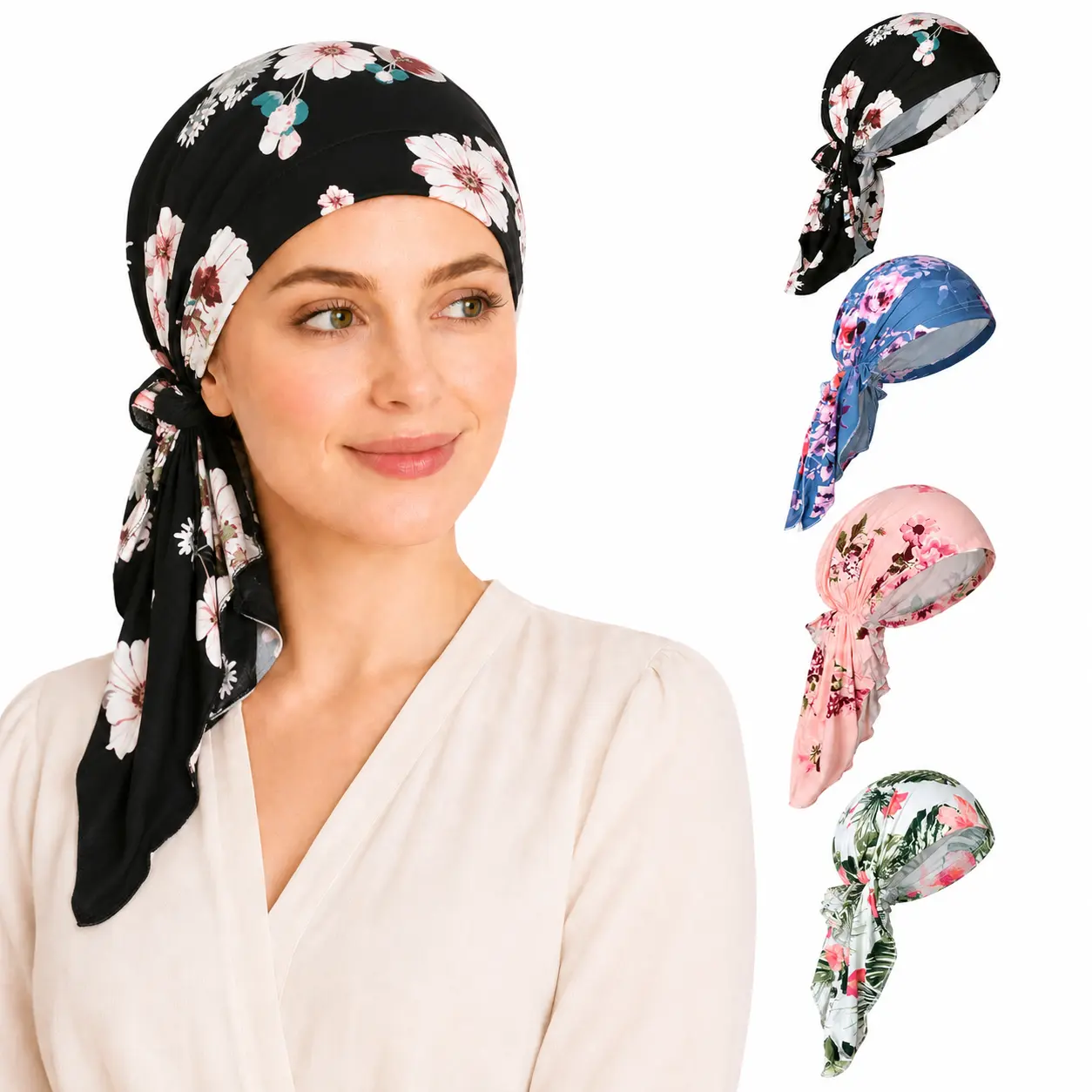 Women's 4-Pack Soft Cotton Turbans Set, Pre-Tied Full-Cover Head Wraps for Chemo Patients, Breathable Shower Caps for Hair Loss (Matching Head Scarf Inclusive)