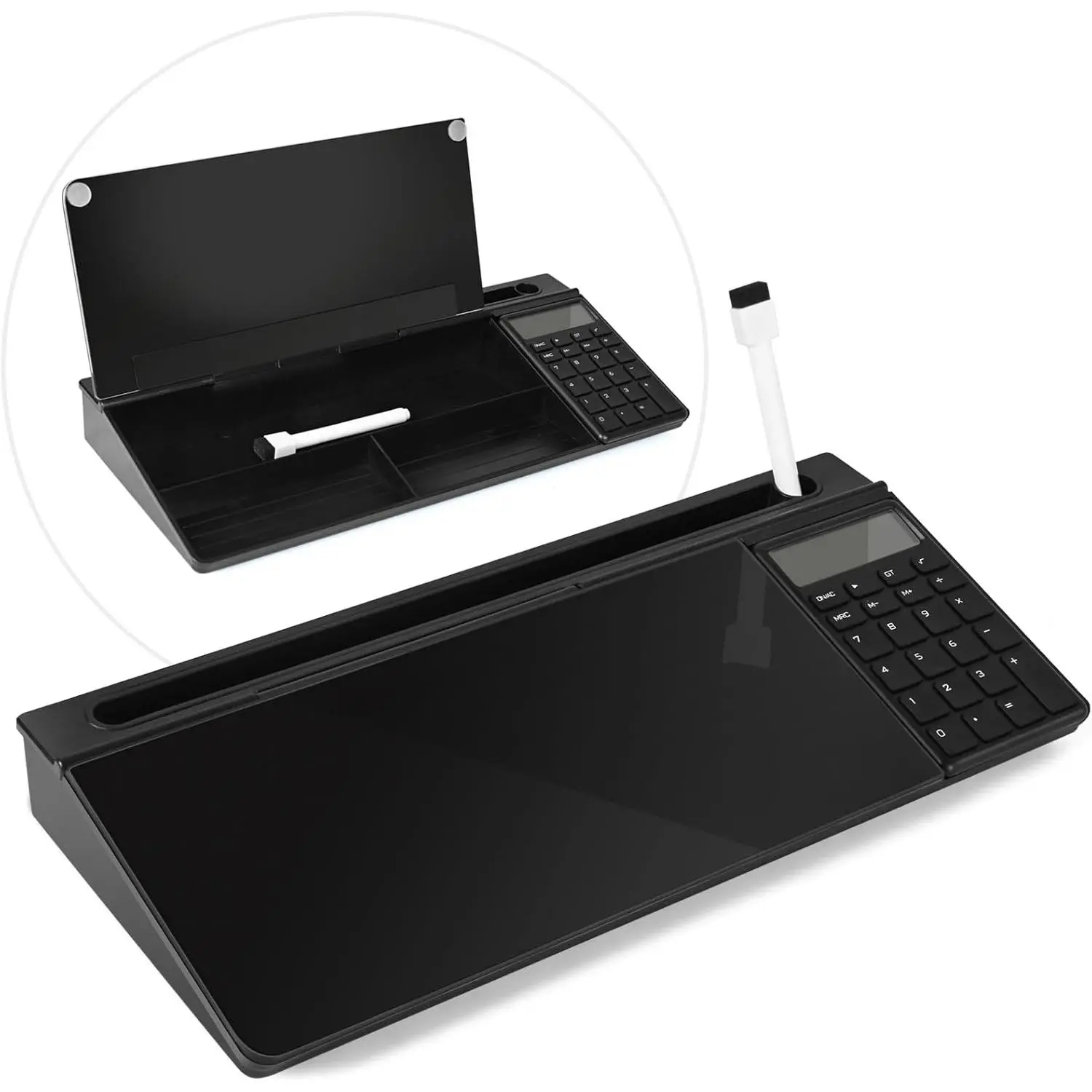 Glass Desk Whiteboard Black with Calculator, Desktop Dry Erase White Board with Storage, Desk Board Buddy to Do List Memo Notepad for Home and Office