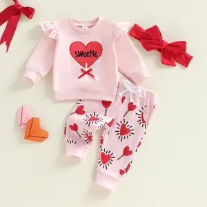 Toddler Girl Valentines Day Outfits Letter Heart Embroidery Long Sleeve Pullover + Heart Candy Pants + Bow Headband