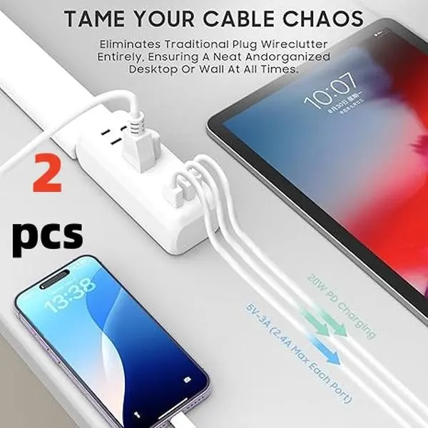 2 Pack Outlet Extender Stick | Extendable 22"-34" Power Socket Expander with USB-A, USB-C & 2 AC Outlets, 180° Plug for Hard-to-Reach Wall Outlets