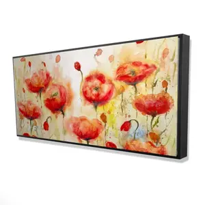 360 stand Framed Botanical Wall Artwork - 24x48 in. Red Flower Motif Artistic Print with Beige Frame, Nature & Plants Home Decoration for Bathroom Wall Display, Photo