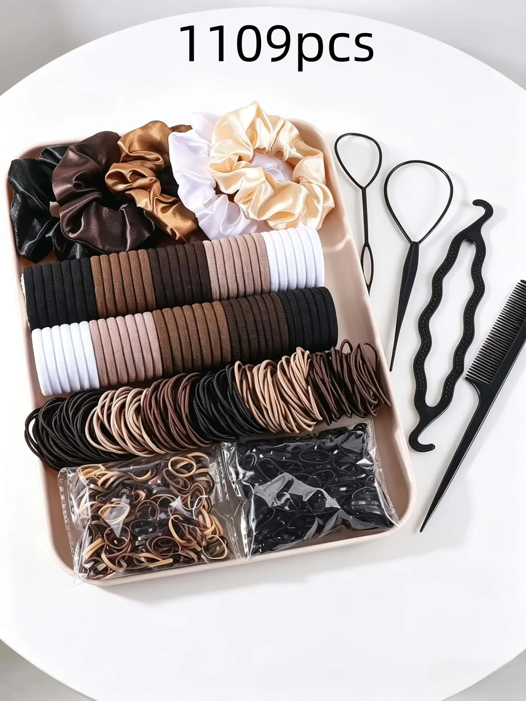 Mead Color 1109-Piece Hair Tie Set, Basic Elastic Bands with Large Bows and Braiding Tools, High-Stretch Non-Damaging Accessories for Student Daily Commute Hairstyles, Hair Scrunchies