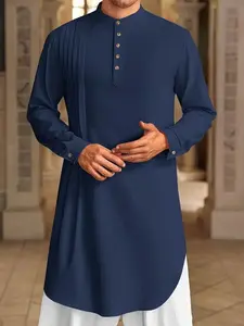 New Muslim Robe for Men, Middle Eastern Arabic Malaysian Button-Up Shirt, Stylish Long Sleeve Clothing, Comfortable Daily Wear, Modesty Thobe