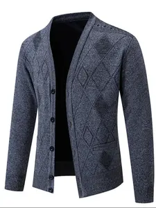 Men's Plaid Knit Cardigan Jacket, Winter New Formal Clothing Fleece Lined Thick Trendy Versatile Warm Outerwear, V Neck Buttoned Sweater Coat Knitwear