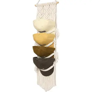 Boho Baseball Cap Hanger-1 Pack-Macrame Hat Organizer for Ball Caps Holder Over Door, Hat Rack for Wall, Cap Rack for Decoration and Display, Boho  Cap Display 4 hats(cream)