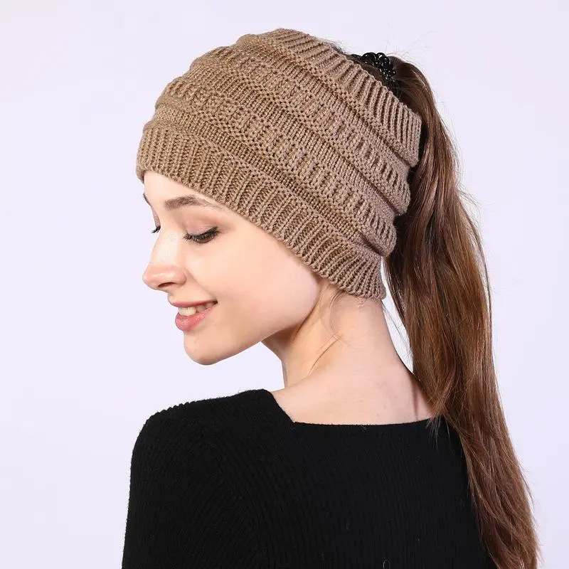 Women's Solid Plain Acrylic Open-Top Hat - Widened Knitted Headband Style with Ponytail Cutout, 50-62cm Circumference, Not Bulky, Auspicious for Daily & Special Occasions