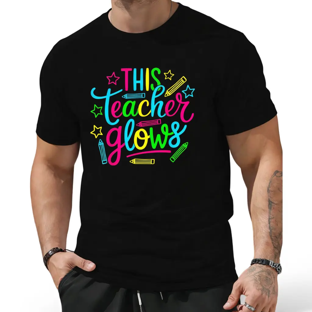 Glow-in-the-Dark Neon Teacher T-Shirt - 80s 90s Retro Glow Up Party Outfit, Glowable for all-Season, Loose Fit Round Neck Tee for Men Themed Events & Parties - Nostalgic Glowtooth suitable for teachers