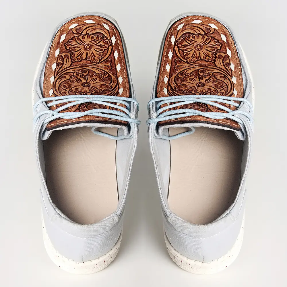 American Darling Hand tooled, carved genuine leather trim lightweight shoe footwear, slip on| Tooled Footwear