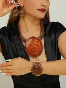 Bohemian Style Classic Simple Tin Paper Large Round Pendant Necklace Earrings Bracelet Set, Bohemian Vibes Elegant Party Wedding Graduation Gift
